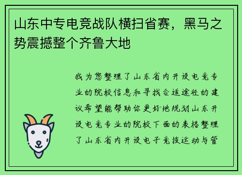 山东中专电竞战队横扫省赛，黑马之势震撼整个齐鲁大地